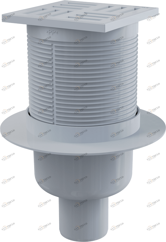 Сливной трап 105×105/50 мм прямой сток, решетка серая, гидрозатвор мокрый ALCAPLAST APV6111