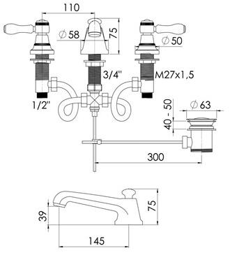 rvb Смеситель для раковины на 3 отверстия 1935 limoges 1935.--.49 - Вид №1