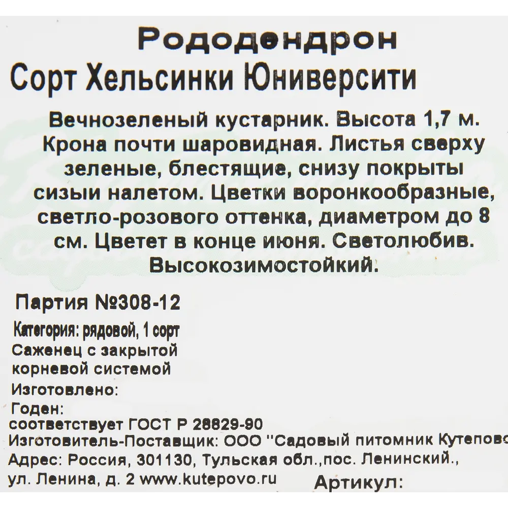 Рододендрон хельсинский «Юнивесити» 15x30 см 82594920 STLM-2130388 Santreyd  - Вид №1