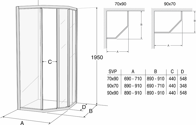 608580 IFO Душевая кабина пятиугольная массивная SVP NK, алюминиевый профиль, прозрачное стекло, SVP VK 900 x 700 Solid - Вид №1