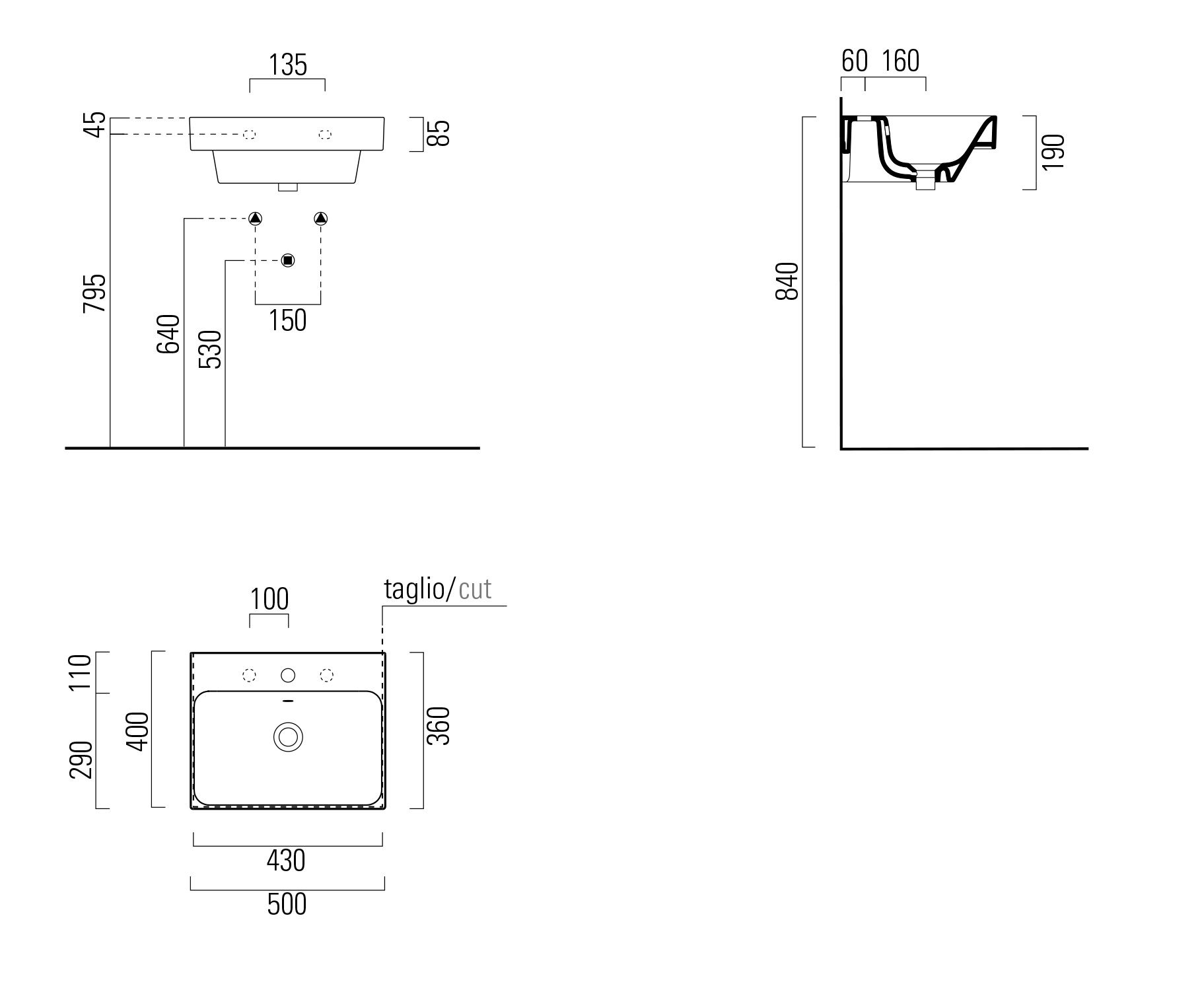 Прямоугольная керамическая подвесная раковина с переливом GSI ceramica Color Elements ARCH-00061729 - Вид №2