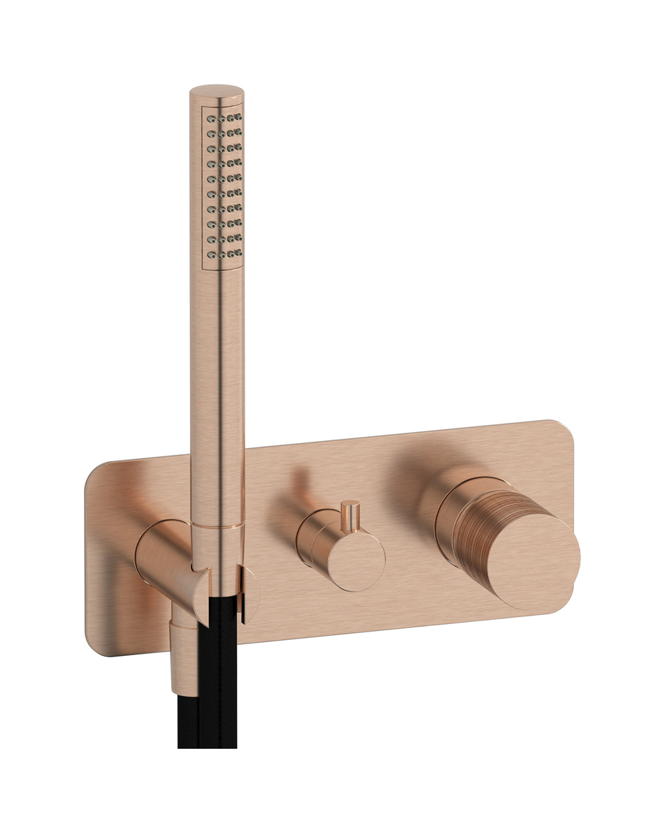 Внешние части встроенного в стену смесителя на 3 потребителя в комплекте с душевым гарнитуром. WE ARE IB vn396np Brushed Rose Gold Vinile