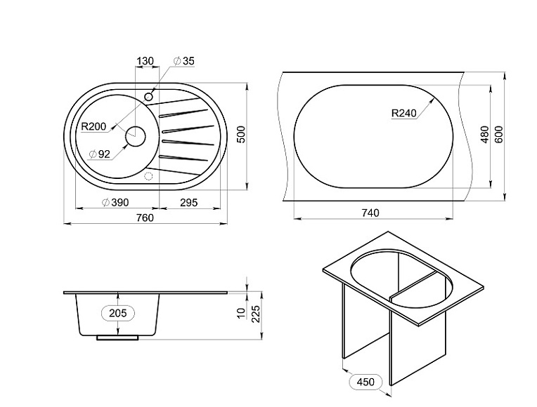 7601, ГРАФИТ, кухонная мойка, СтандАРТ кварц GRANULA Standart 7601-ST51 - Вид №2