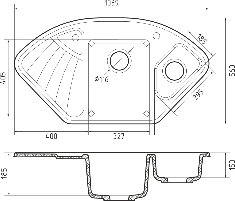 Кухонная мойка Искусственный камень CORNER S07 GranFest C-1040E-S07 - Вид №1