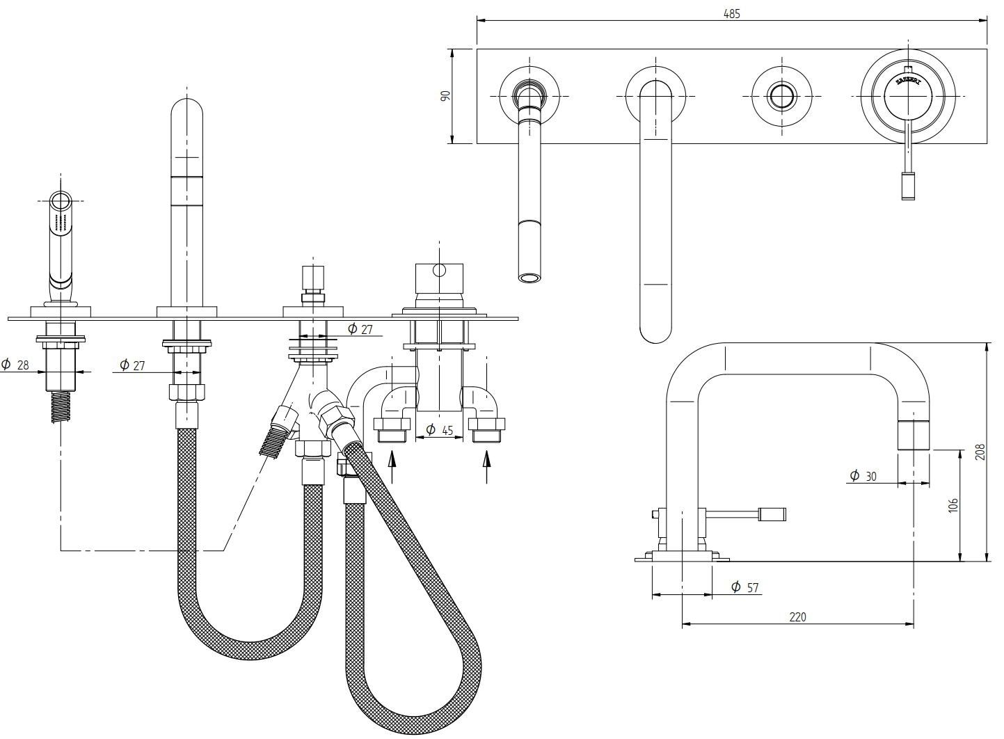 Однорычажный набор для ванны с 4 отверстиями и ручным душем Zazzeri мода ARCH-00096495 - Вид №2