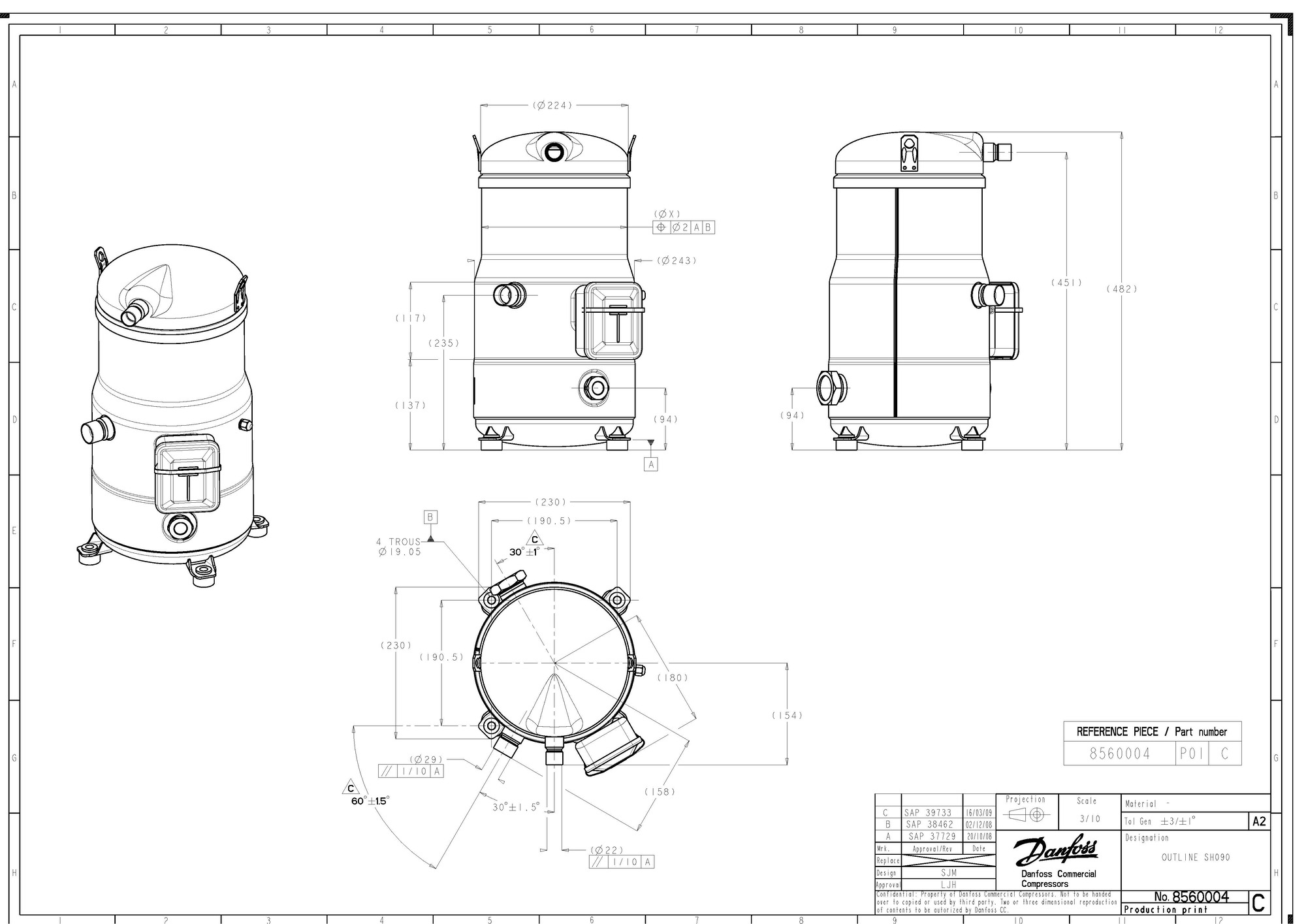 Danfoss SH — Герметичные спиральные компрессоры, R410A SH485B4ABA Компрессор спиральный 120H1064  - Вид №12