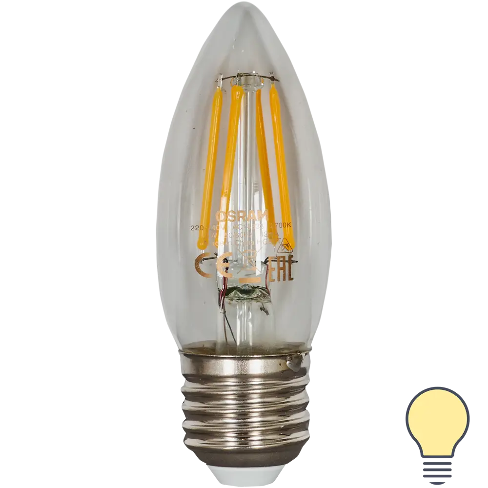Лампа светодиодная Osram E27 220 В 5 Вт свеча прозрачная 660 лм тёплый белый свет 82481267 STLM-2050846 