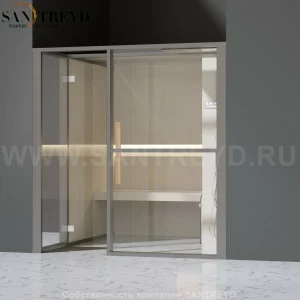 Effegibi LOGICAFILO H LO31010009 Хаммам. Установка: в нишу. Правая дверь. Мощность: 4,5 кВт макс. Размеры: длина 214 см, ширина 250 см. Отделка: матовый лакированный серый аллюминий и бежевый ламинат из керамогранита.