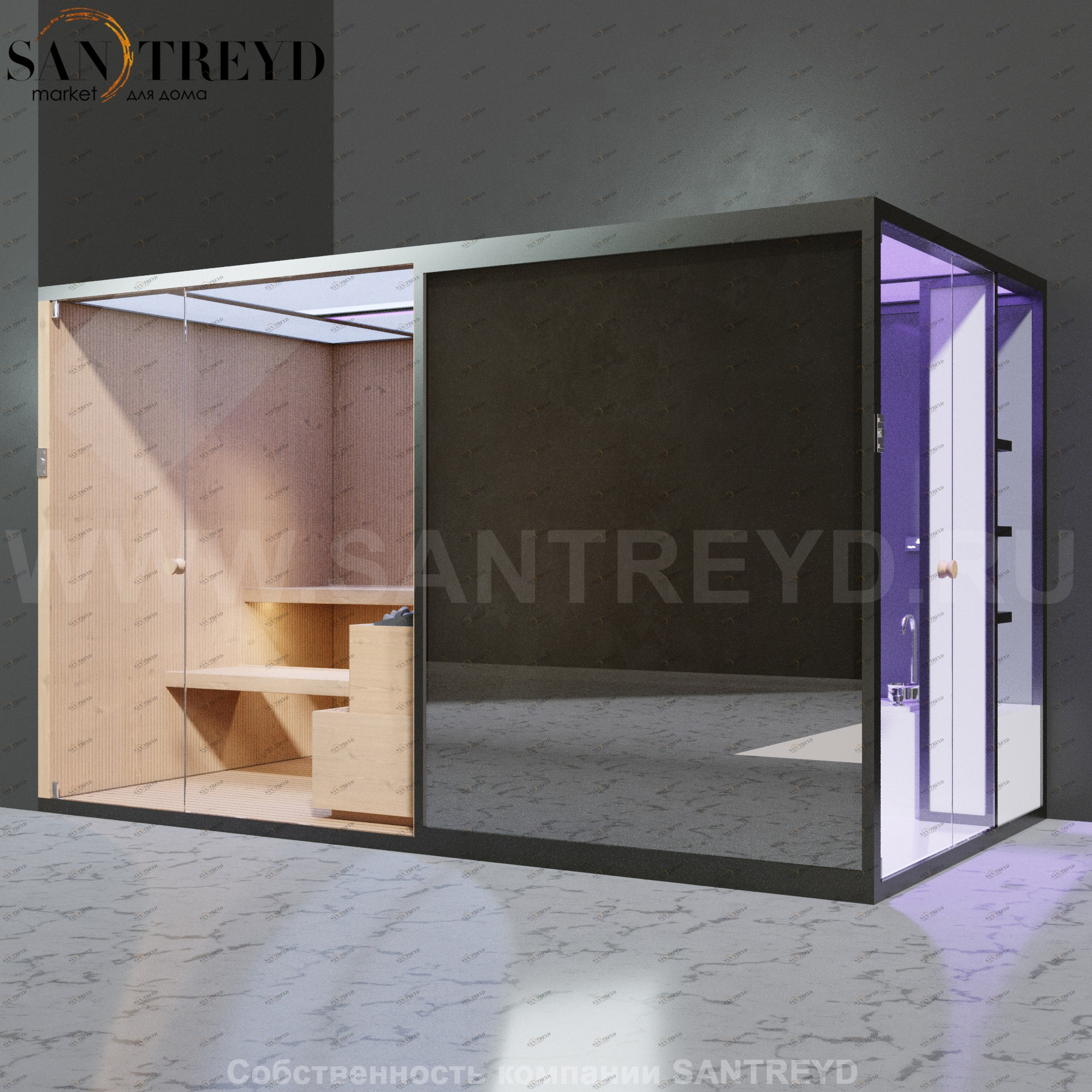 Effegibi BODYLOVE SH BL45130006 Боковая комбинированная баня: хаммам и сауна. Установка: в левый угол. Мощность: 15 кВт макс. Размеры: длина 393 см, ширина 176 см. Отделка: канадский хемлок, гладкое стекло и зеркало.