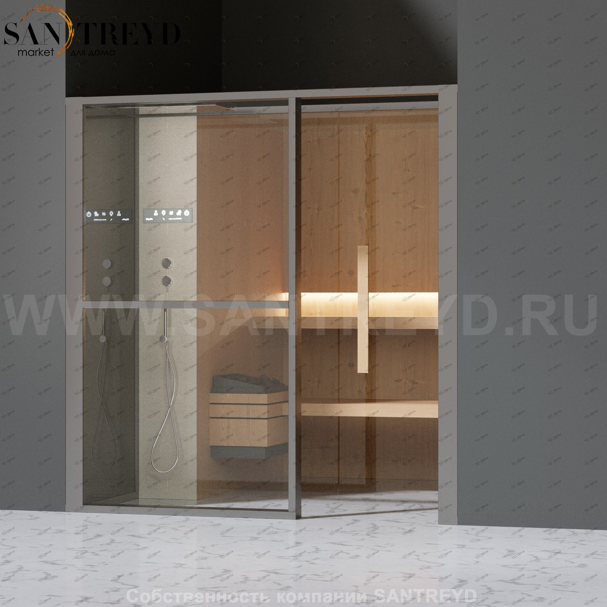Effegibi LOGICAFILO S LO21010010 Сауна. Установка: в нишу. Левая дверь. Мощность: 6 кВт макс. Размеры: длина 214 см, ширина 250 см. Отделка: канадский хемлок, матовый лакированный серый аллюминий и бежевый ламинат из керамогранита.