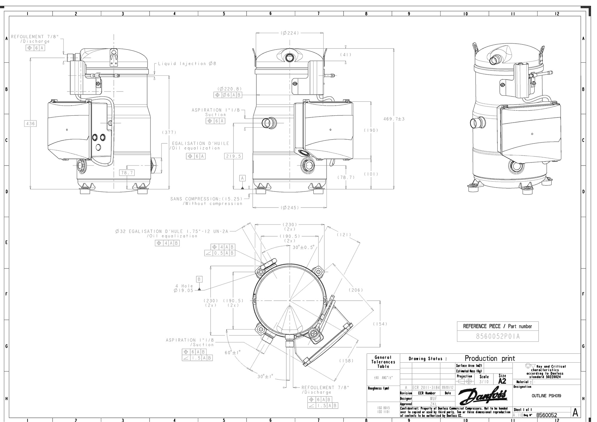 Danfoss PSH — Герметичные спиральные компрессоры, R410A PSH034A4CLD Спиральный компрессор 120H0939  - Вид №6