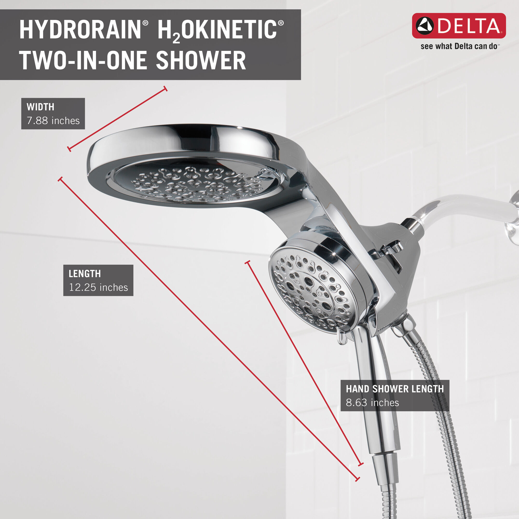 58680 HydroRain® H2Okinetic® 5-регулировочная душевая лейка два в одном Delta Faucet Universal Showering Хром  - Вид №13