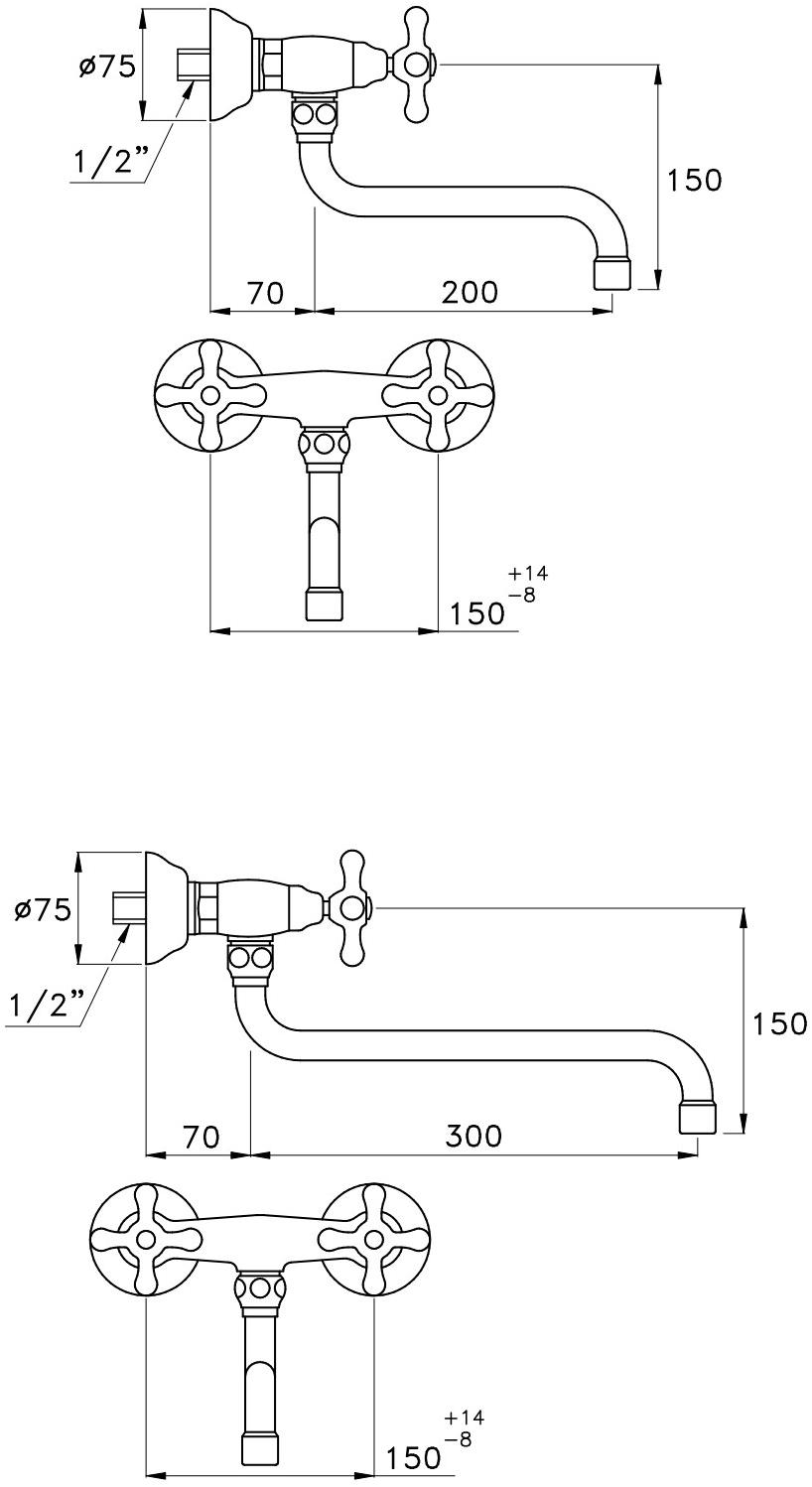 RUBINETTERIE STELLA Смеситель для кухни настенный на два отверстия с аэратором Roma sun-id-1493302 - Вид №1