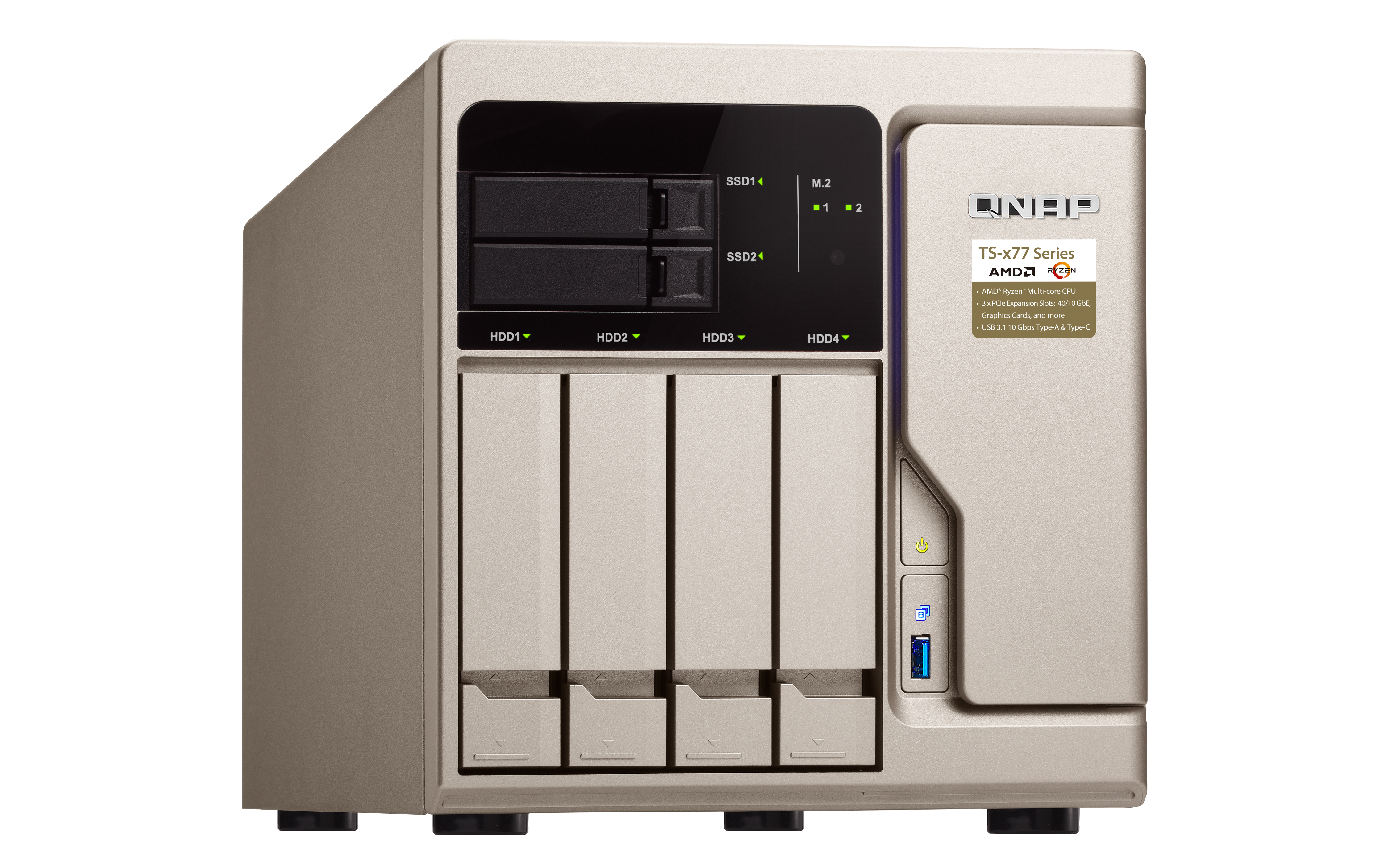 TS-677-1600-8G Enterprise 6-bay nas (4x 2.5"/3.5" sata hdd/ssd + 2x 2.5" sata ssd + 2x m.2 sata ssd slot), amd ryzen 5 1600 6-core/12-thread 3.2 ghz (up to 3.6 ghz), 8gb ddr4 ram (2 x 4 gb) up to 64gb ram(4 x 16 gb), 4xgbe lan QNAP Santreyd  - Вид №1