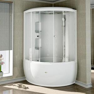 Душевой бокс «ЛАУРА» с крышей типа «сендвич», чаша ванны, рама-подставка, слив-перелив полуавтоматический, фронтальная панель, боковые стенки, крыша, стеклянные шторки (матовые), вертикальный душ «Тропический дождь», смеситель, излив «МиниСфера» - 2 шт.,