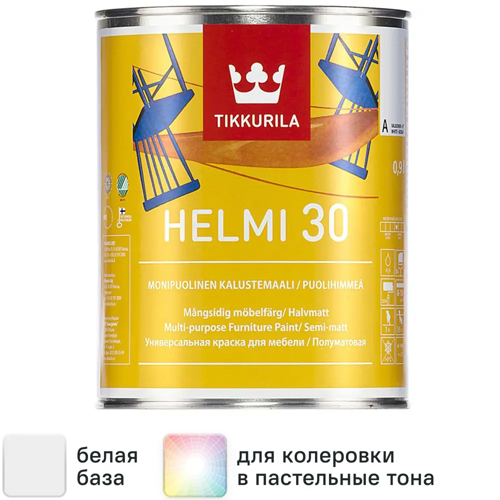 Краска для мебели Tikkurila Helmi 30 0.9 л цвет белый STLM-2188848