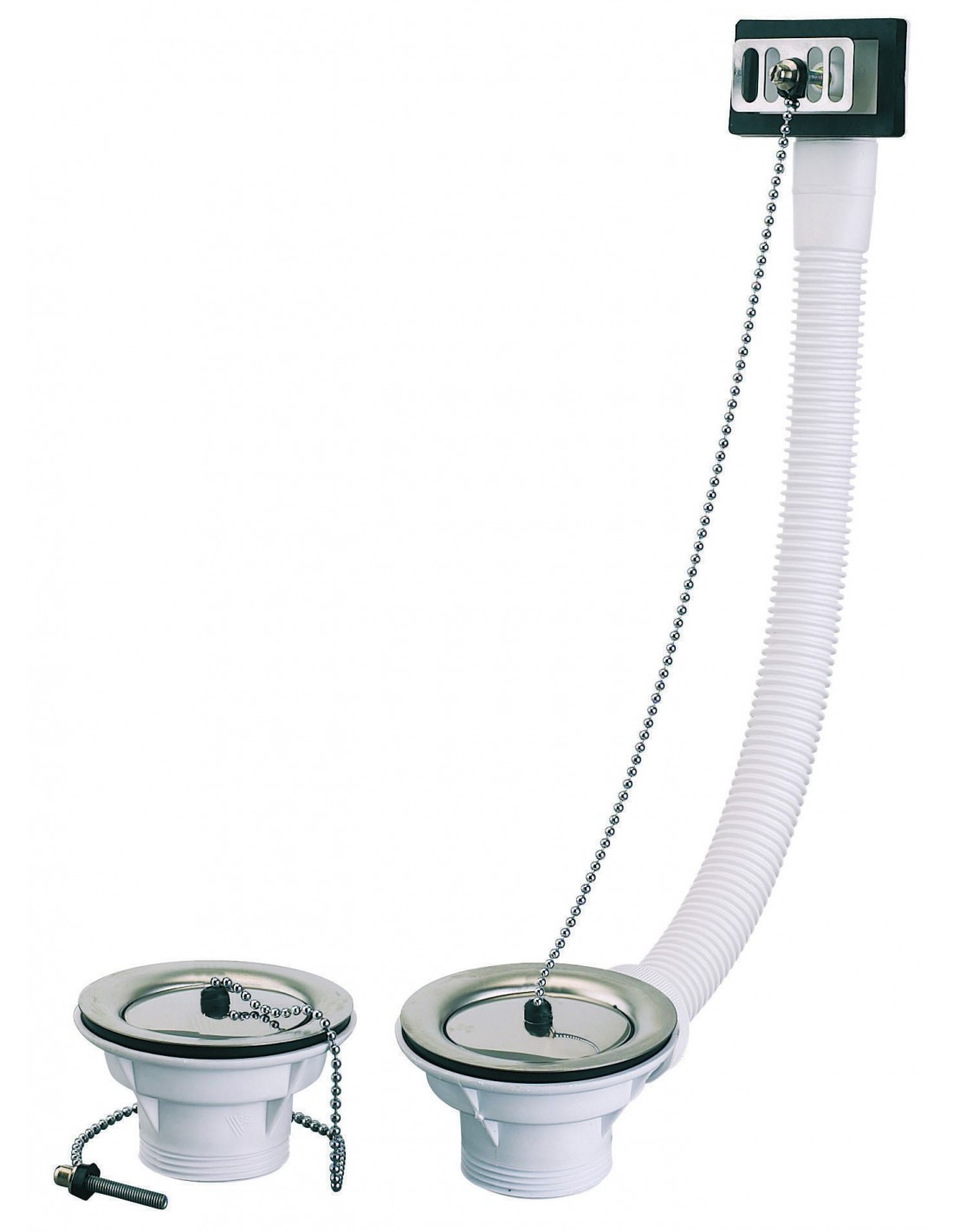 865400 000 00  Сифон для раковины, 2 чаши с цепным ограничителем и переливом, Д. 60 мм, зажим 0/20 мм, NF, хромированный Valentin Сталь 