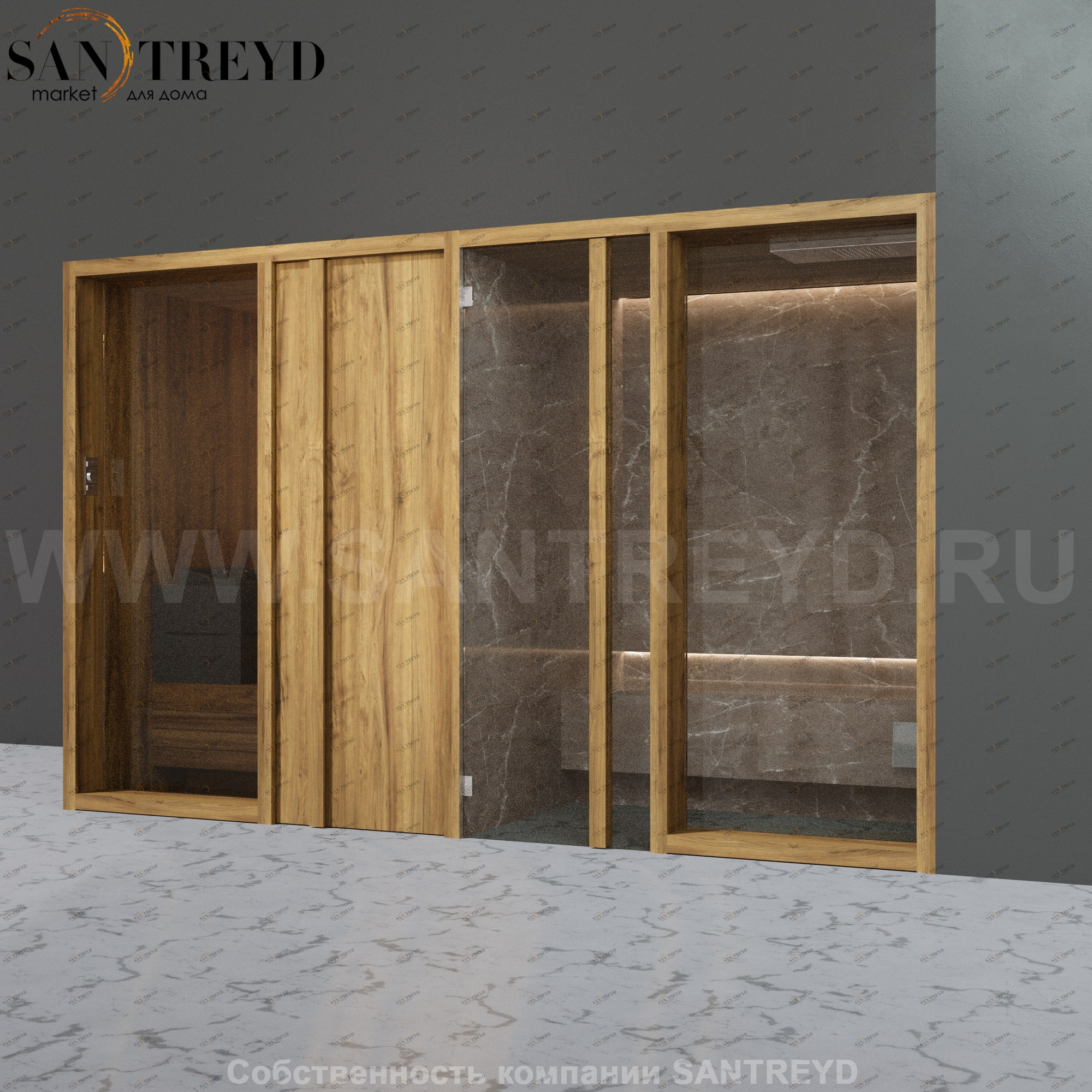 Effegibi YOKU.D SH YO.20220002 Комбинированная баня: хаммам и сауна. Установка: в правый угол. Мощность: 10,5 кВт макс. Размеры: длина 342 см, ширина 170 см. Отделка: термообработанное дерево и темный керамогранит YO20220002