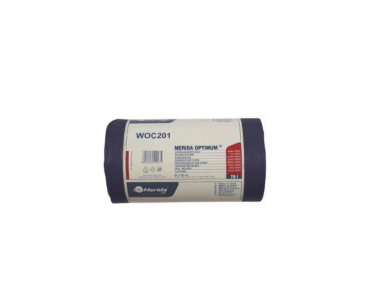 WOC201 Одноразовые мешки для мусора OPTIMUM, 60 x 90 см, вместимость 70 л, рулон 50 шт, ЧЕРНЫЕ, HDPE/LDPE Merida 