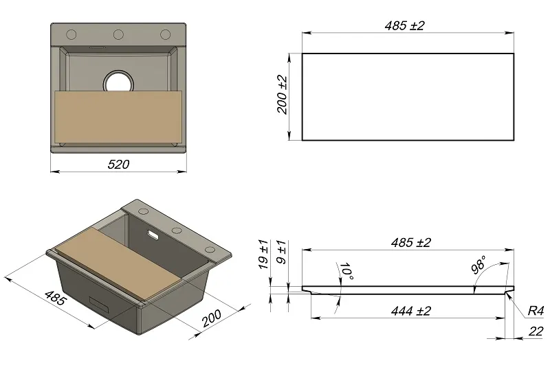 ES-5201, ЧЁРНЫЙ, кухонная мойка, кварц, ESTETICA GRANULA 5201-ST166 - Вид №4