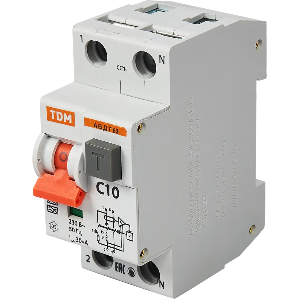 Дифференциальный автомат TDM Electric АВДТ63 1Р+N 10А с защитой от утечек 30мА 84399414 STLM-1394729