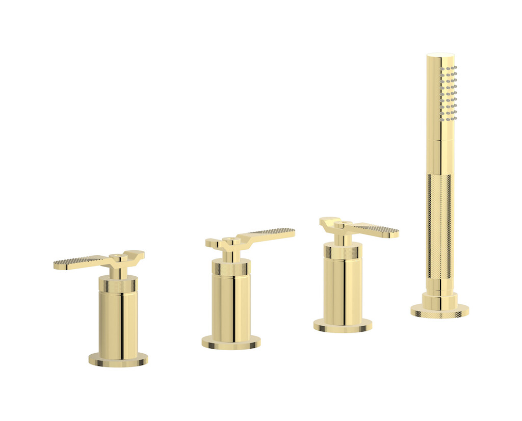 Смеситель на бортик ванной на 4 отверстия с изливом, дивертером и душевым гарнитуром. WE ARE IB b2397ii Pale Gold Bold