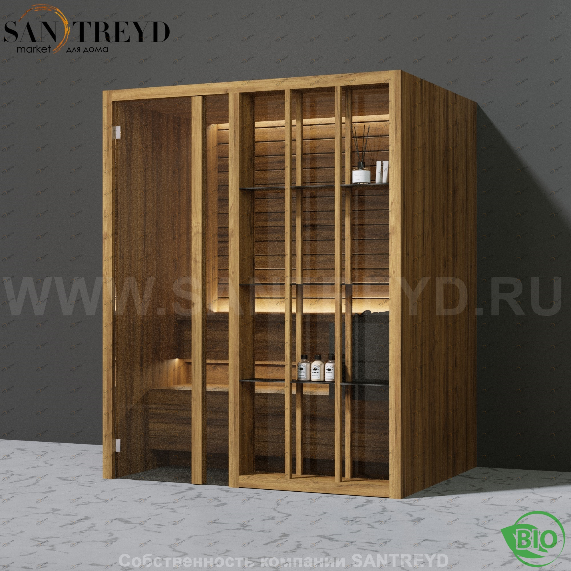 Effegibi YOKU.S45 BI.70100024 Био-сауна с левой дверью. Мощность: 4,5 кВт макс. Размеры: длина 174 см, ширина 132 см. Отделка: термообработанное дерево BI70100024