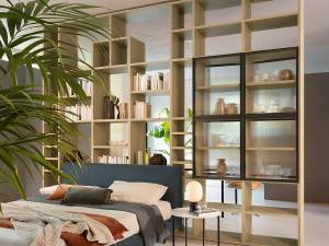 Двухсторонний книжный шкаф из дерева и стекла с креплением пол-потолок