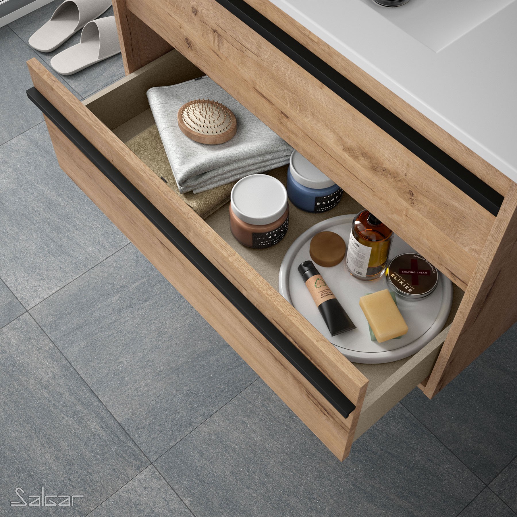 84950 SALGAR Комплект мебели для ванной ATTILA 1000 OSTIPPO OAK + Раковина + Зеркало + Свет Робл Остиппо - Вид №2