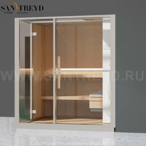 Effegibi LOGICA S LO20020007 Сауна. Установка: в правый угол. Правая дверь. Мощность: 6 кВт макс. Размеры: длина 214 см, ширина 250 см. Отделка: канадский хемлок, матовый лакированный белый аллюминий и серый ламинат из керамогранита.