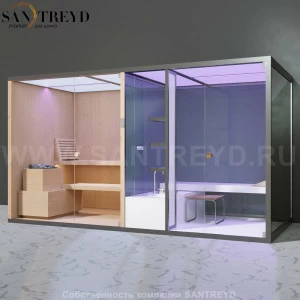 Effegibi BODYLOVE SH BL40140007 Фронтальная комбинированная баня: хаммам и сауна. Установка: к стене. Мощность: 15 кВт макс. Размеры: длина 393 см, ширина 176 см. Отделка: канадский хемлок, трубчатое стекло и зеркало.