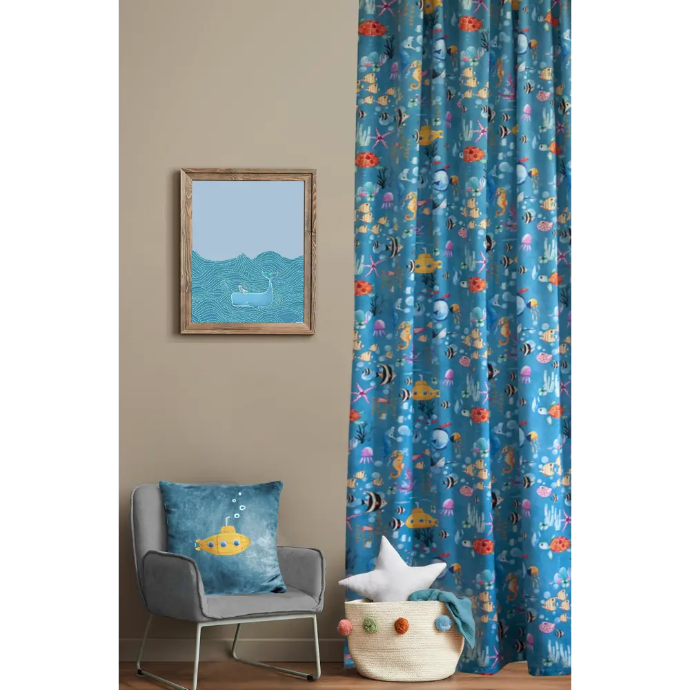 Штора на ленте блэкаут Рыбы 150x260 см цвет голубой SEASONS STLM-2178628 - Вид №5