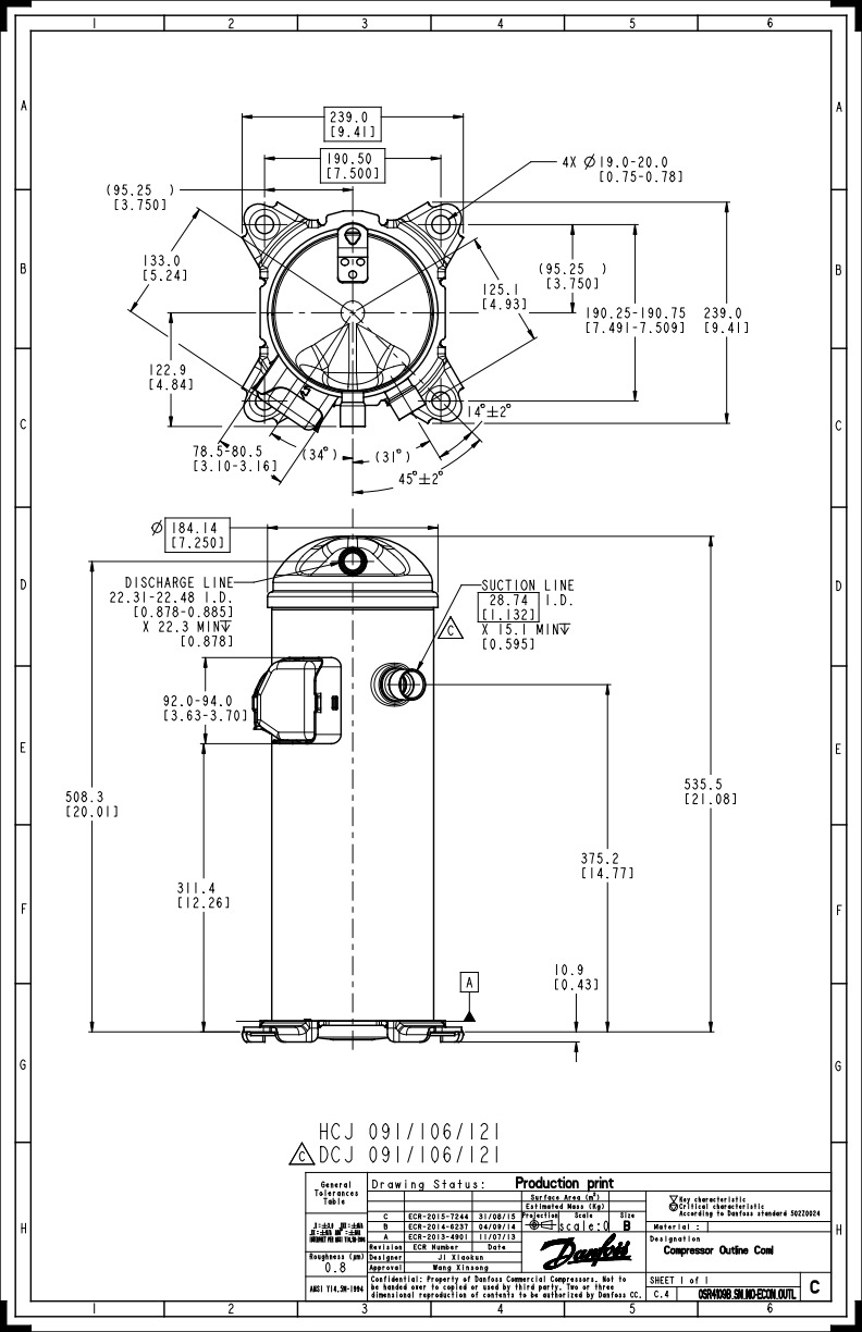 Danfoss DCJ — Герметичные спиральные компрессоры, R401A DCJ106T4LC8 Компрессор спиральный 121L5036  - Вид №2
