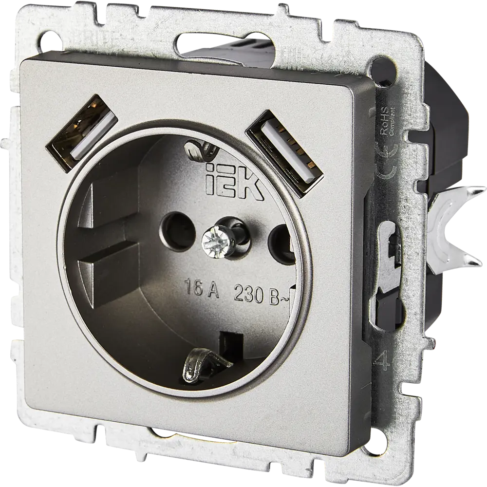 Розетка USB встраиваемая IEK Brite с заземлением, цвет сталь 87761606 STLM-1113808 - Вид №1