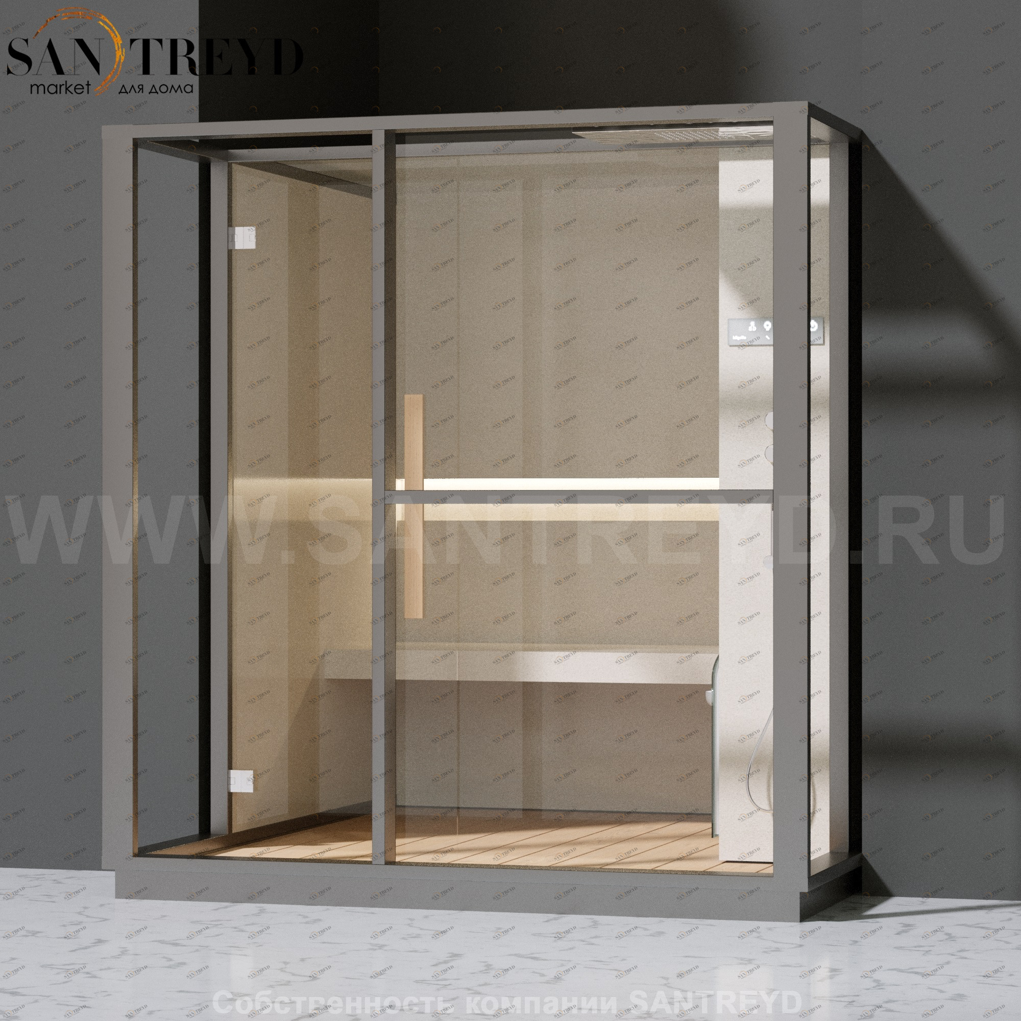 Effegibi LOGICA H LO30010011 Хаммам. Установка: в полунишу. Правая дверь. Мощность: 4,5 кВт макс. Размеры: длина 214 см, ширина 250 см. Отделка: матовый лакированный серый аллюминий и бежевый ламинат из керамогранита.