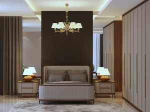 Спальня из дерева и кожи