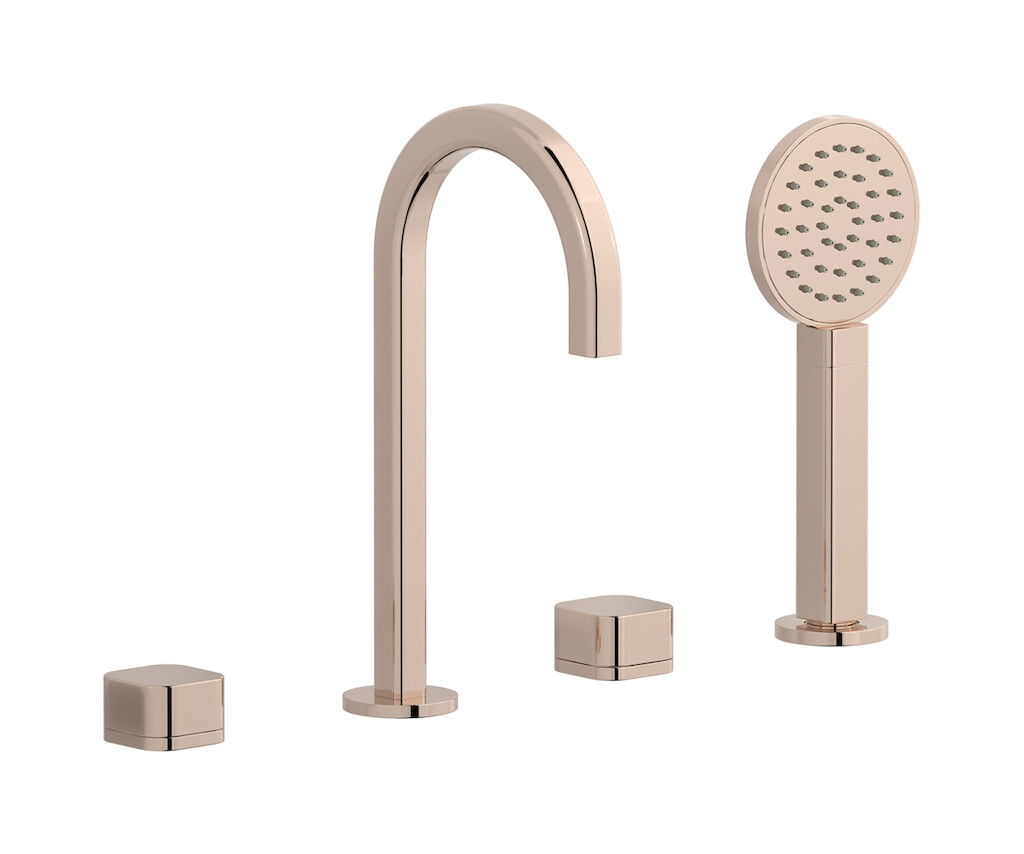 Смеситель на бортик ванной на 4 отверстий с дивертером и душевым гарнитуром. WE ARE IB eo396rs_1 Rose Gold Elio