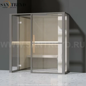 Effegibi LOGICAFILO H LO31010011 Хаммам. Установка: в полунишу. Правая дверь. Мощность: 4,5 кВт макс. Размеры: длина 214 см, ширина 250 см. Отделка: матовый лакированный серый аллюминий и бежевый ламинат из керамогранита.