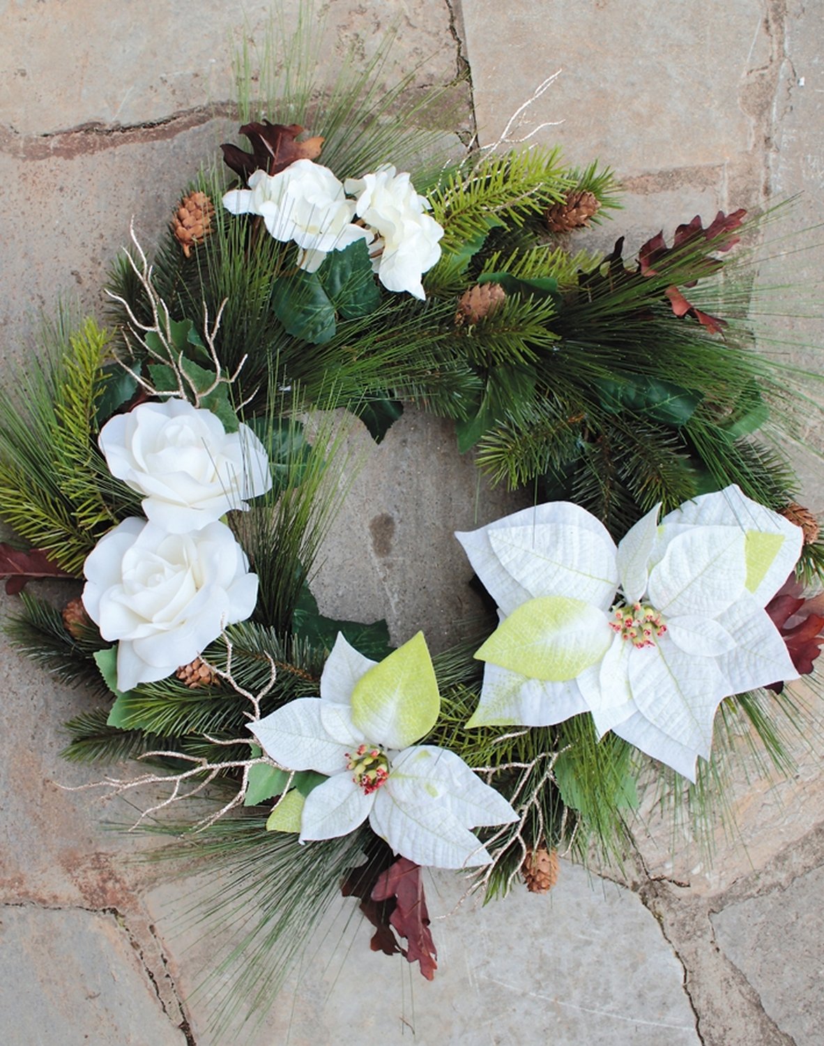 1456 778 a3 Пластиковый венок 'пуансеттия / роза / ель' Ø 60 см, бежево-белый H-andreas  - Вид №1