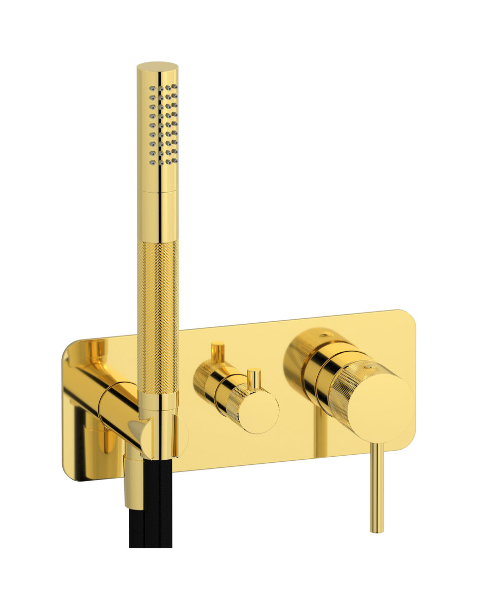 Внешние части встроенного в стену смесителя на 3 потребителя в комплекте с душевым гарнитуром. WE ARE IB id314oo Gold Industria