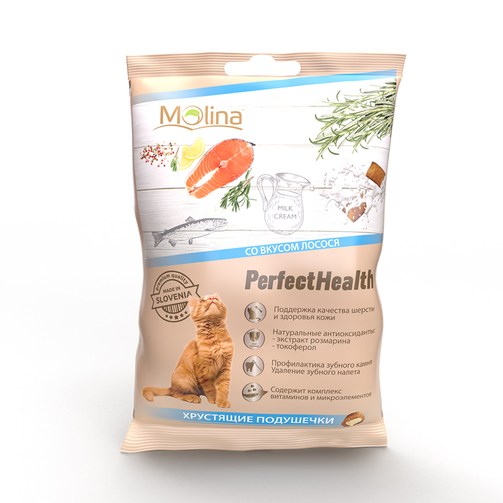 ПР0058735 Лакомство для кошек Хрустящие подушечки со вкусом лосося 50г Molina 