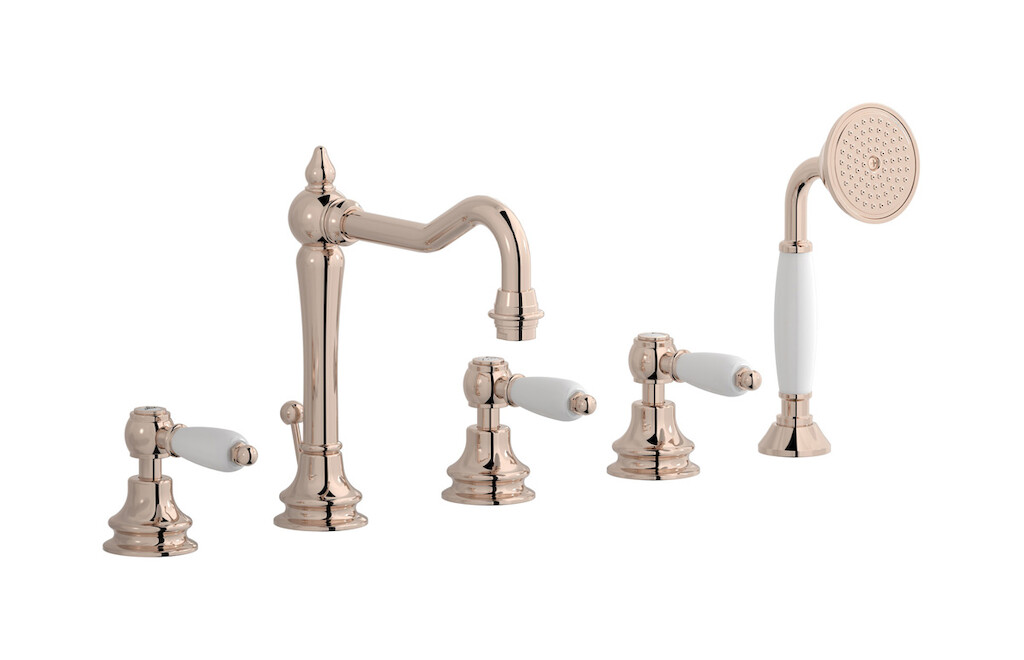 Смеситель на бортик ванной на 5 отверстий с дивертером и душевым гарнитуром. WE ARE IB hl396rs_2 Rose Gold Hermes