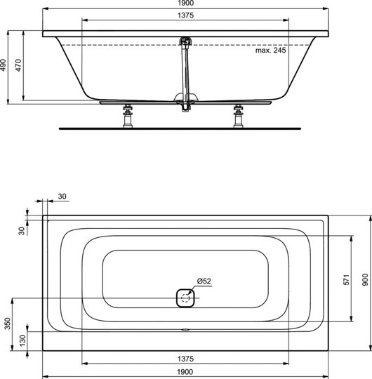 K746501 Прямоугольная встраиваемая акриловая ванна 190X90 см Ideal Standard TONIC II - Вид №2