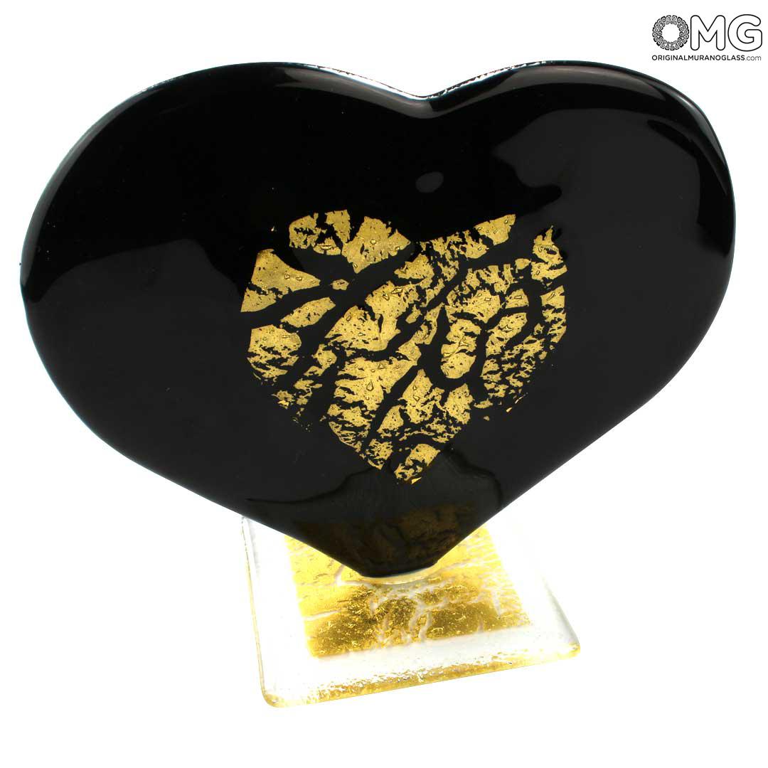 3786 ORIGINALMURANOGLASS Скульптура Любящее Сердце - чёрное муранское стекло и золото 24 кт - OMG 17 см  - Вид №1