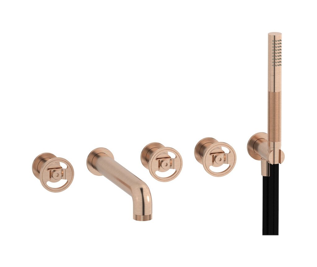 Настенный смеситель для ванной на 5 отверстий с дивертером и душевым гарнитуром. WE ARE IB b1398sr Brushed Rose Gold Bold