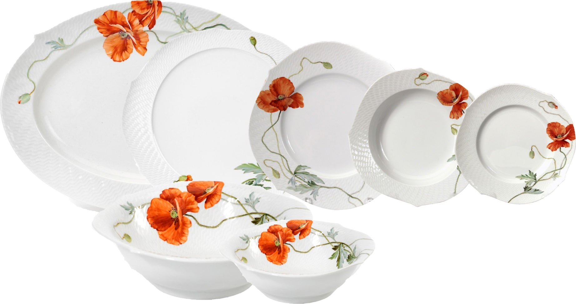 10629076 Meissen Сервиз столовый 6/28 "Игра волн, рельеф, маки" Фарфор, Керамика 