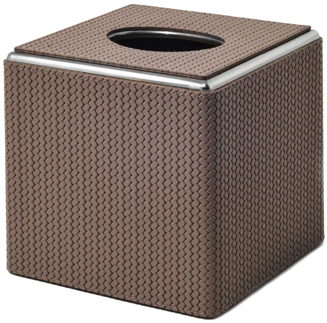 Квадратная коробка для салфеток - 14X14XH13,5 см / хромированная металлическая отделка / зерненая кожа_кремовая