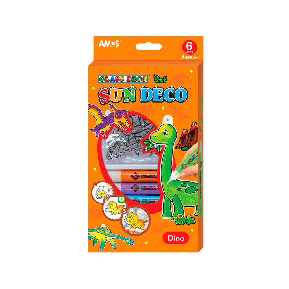 22928 Набор витражных красок с витражами "Динозавры", 6 цветов по 10,5 мл., 6 мини-витражей 12/48 AMOS 