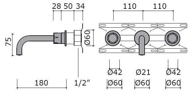 MINA Смеситель для умывальника настенный из нержавеющей стали с 3 отверстиями Synth 4918 - Вид №1