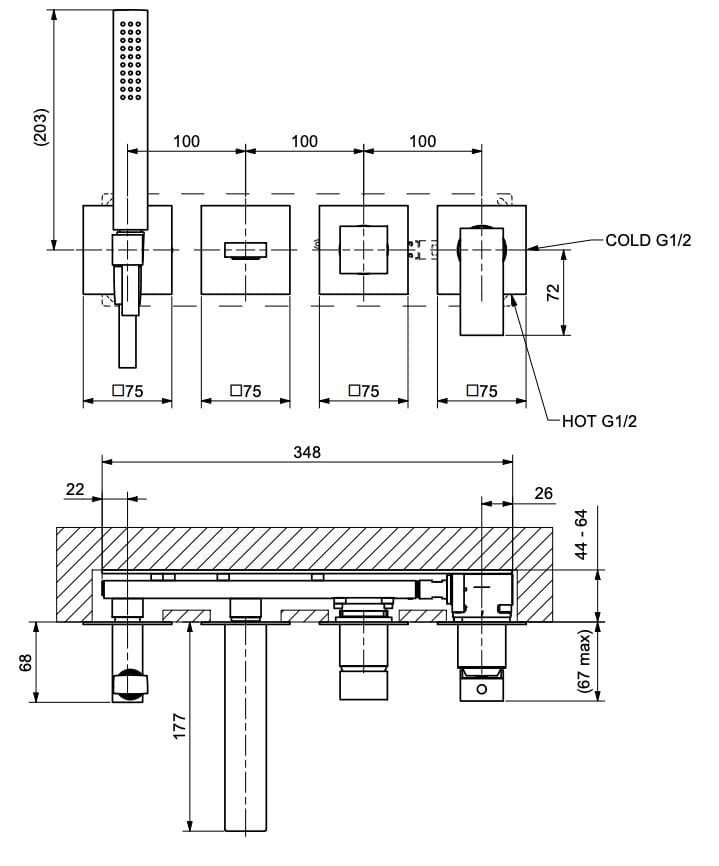 Однорычажный встраиваемый смеситель для ванны с ручным душем Bugnatese Tetris ARCH-00078886 - Вид №2